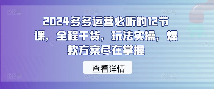 2024多多运营必听的12节课，全程干货，玩法实操，爆款方案尽在掌握