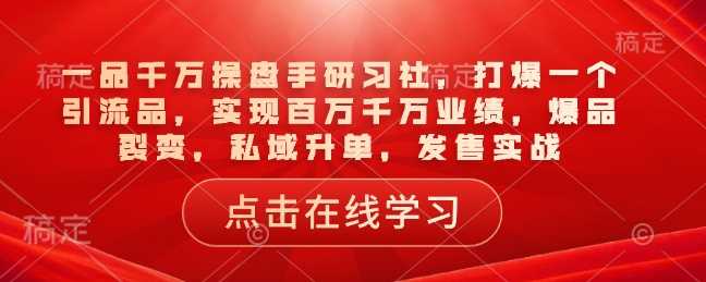 一品千万操盘手研习社,打爆一个引流品,实现百万千万业绩,爆品裂变,私域升单,发售实战