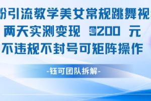 男粉引流教学美女常规跳舞视频两天实测变现1k+，不违规不封号可矩阵操作