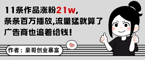 11条作品涨粉21W，条条百W播放，流量猛就算了，广告商也追着给钱网赚项目-副业赚钱-互联网创业-资源整合白嫖の网赚