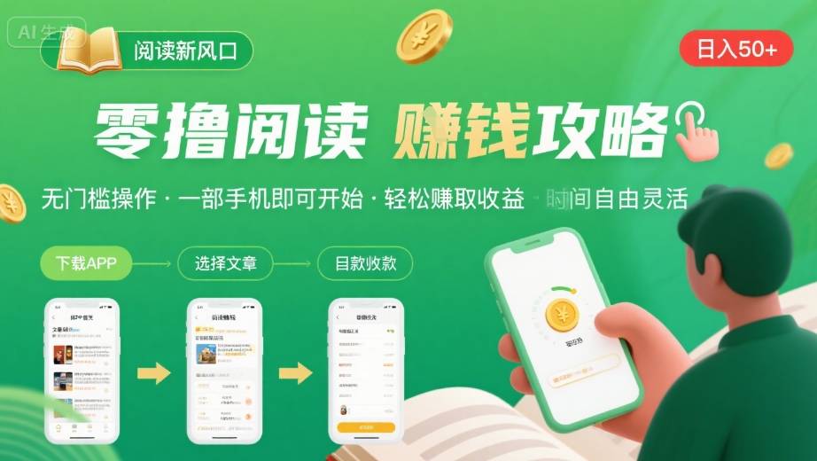 零撸阅读新风口,无门槛轻松挣,一部手机,日入 50-3张【揭秘】网赚项目-副业赚钱-互联网创业-资源整合白嫖の网赚