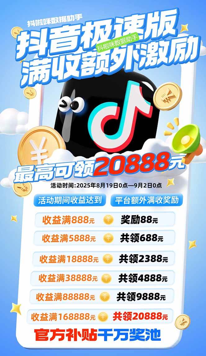 （15800期）抖音极速版拉新，平台大力扶持，每单15元，万播转化无上限，平台额外满…