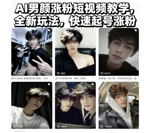 AI男颜涨粉短视频教学，全新玩法，快速起号涨粉网赚项目-副业赚钱-互联网创业-资源整合白嫖の网赚