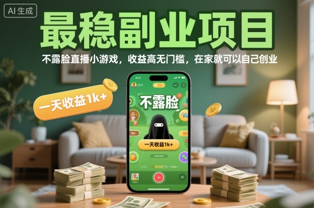最稳副业项目，不露脸直播小游戏，收益高无门槛，一天收益1k+，在家就可以自己创业【揭秘】网赚项目-副业赚钱-互联网创业-资源整合白嫖の网赚