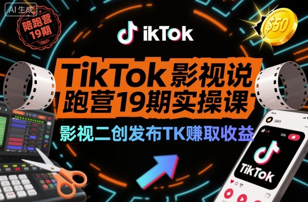 TikTok影视解说陪跑营19期实操课，影视二创发布TK賺取收益，万播收益50美金网赚项目-副业赚钱-互联网创业-资源整合白嫖の网赚