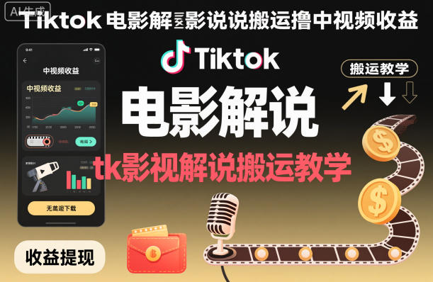Tiktok电影解说搬运撸中视频收益，tk影视解说搬运教学网赚项目-副业赚钱-互联网创业-资源整合白嫖の网赚