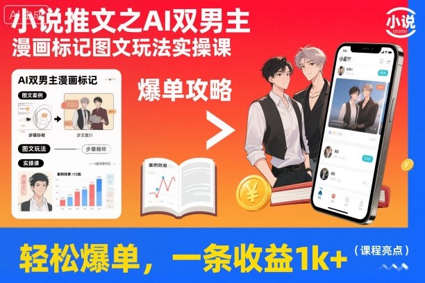 小说推文之AI双男主漫画标记图文玩法实操课，轻松爆单，一条收益1k+网赚项目-副业赚钱-互联网创业-资源整合白嫖の网赚
