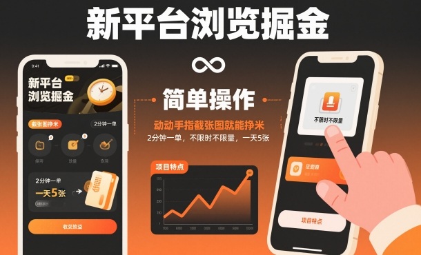 新平台浏览掘金，动动手指截张图就能挣米，2分钟一单，不限时不限量，一天5张【揭秘】网赚项目-副业赚钱-互联网创业-资源整合白嫖の网赚