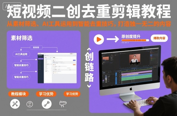 短视频二创去重剪辑教程，从素材筛选、AI工具运用到智能去重技巧，打造独一无二的内容网赚项目-副业赚钱-互联网创业-资源整合白嫖の网赚