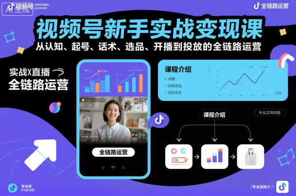 视频号新手实战变现课，从认知、起号、话术、选品、开播到投放的全链路运营网赚项目-副业赚钱-互联网创业-资源整合白嫖の网赚