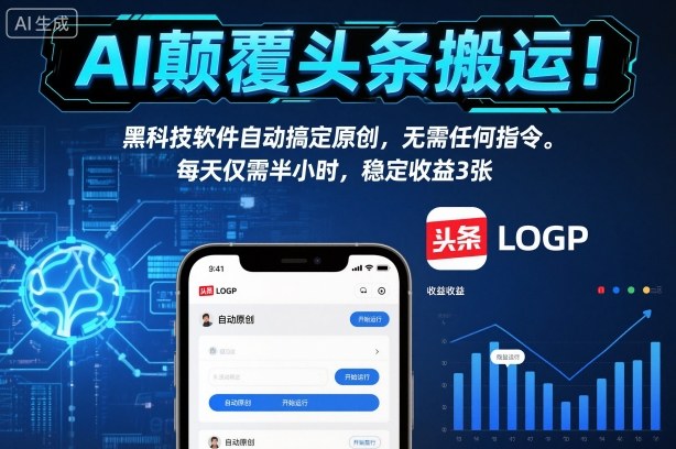 AI颠覆头条搬运！黑科技软件自动搞定原创，无需任何指令。每天仅需半小时，稳定收益3张【揭秘】网赚项目-副业赚钱-互联网创业-资源整合白嫖の网赚