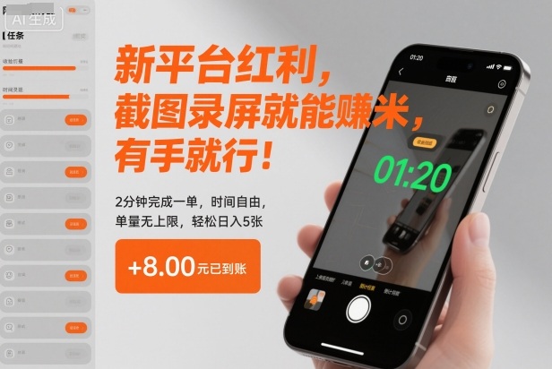 新平台红利，截图录屏就能賺米，有手就行！2分钟完成一单，时间自由，单量无上限，轻松日入5张【揭秘】网赚项目-副业赚钱-互联网创业-资源整合白嫖の网赚