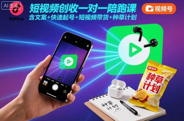 短视频创收一对一陪跑课，含文案+快速起号+短视频带货+种草计划网赚项目-副业赚钱-互联网创业-资源整合白嫖の网赚