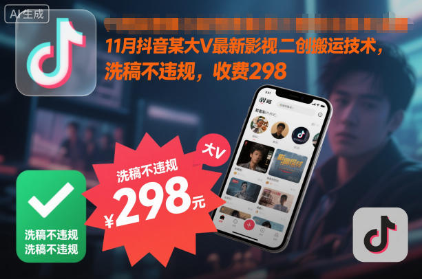 11月抖音某大V最新影视二创搬运技术，洗稿不违规，收费298网赚项目-副业赚钱-互联网创业-资源整合白嫖の网赚