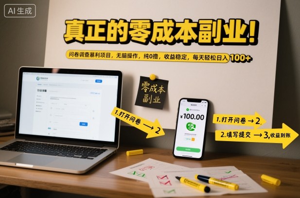 真正的零成本副业！问卷调查暴利项目，无脑操作，纯0撸，收益稳定，每天轻松日入100+【揭秘】网赚项目-副业赚钱-互联网创业-资源整合白嫖の网赚