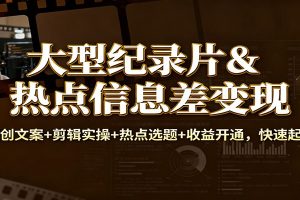 大型纪录片&热点信息差变现：原创文案+剪辑实操+热点选题+收益开通，快速起号