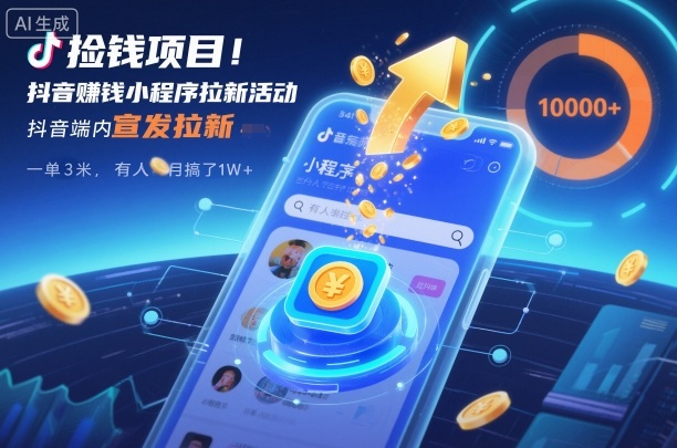 捡钱项目！抖音賺钱小程序拉新活动，抖音端内宣发拉新，一单3米，有人半个月搞了1W+网赚项目-副业赚钱-互联网创业-资源整合白嫖の网赚