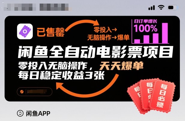 闲鱼全自动电影票项目，零投入无脑操作，天天爆单，每日稳定收益3张【揭秘】网赚项目-副业赚钱-互联网创业-资源整合白嫖の网赚