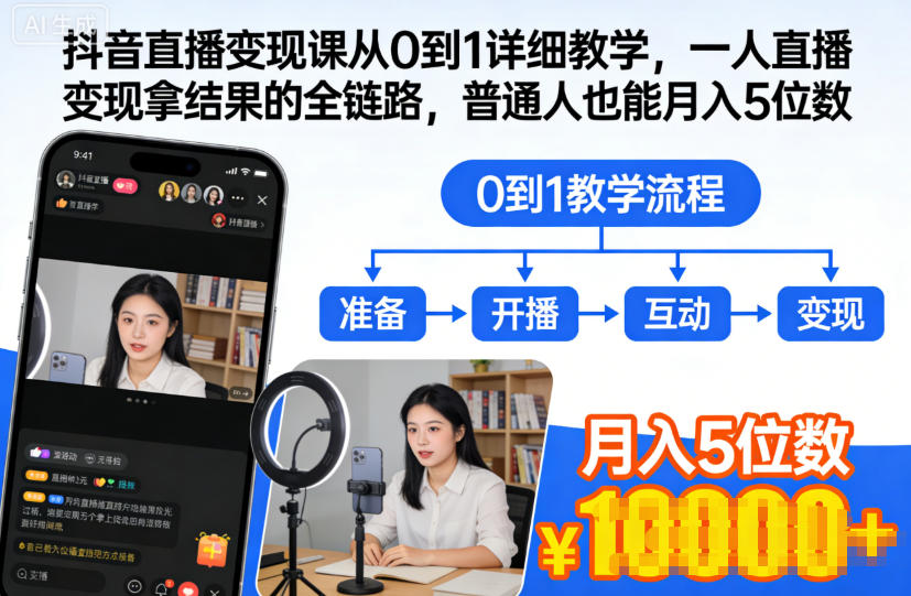 抖音直播变现课从0到1详细教学，一人直播变现拿结果的全链路，普通人也能月入5位数网赚项目-副业赚钱-互联网创业-资源整合白嫖の网赚