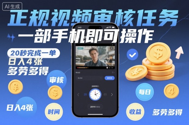 正规视频审核任务，一部手机即可操作，20秒完成一单，日入4张，多劳多得【揭秘】网赚项目-副业赚钱-互联网创业-资源整合白嫖の网赚