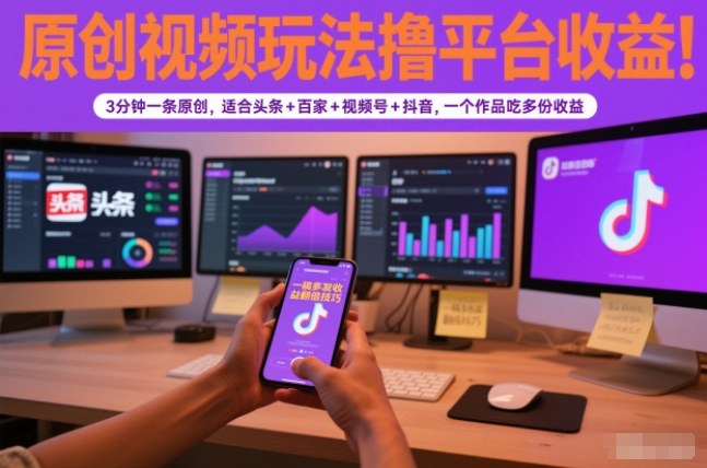 原创视频玩法撸平台收益，3分钟一条原创，适合头条+百家+视频号+抖音，一个作品吃多份收益网赚项目-副业赚钱-互联网创业-资源整合白嫖の网赚