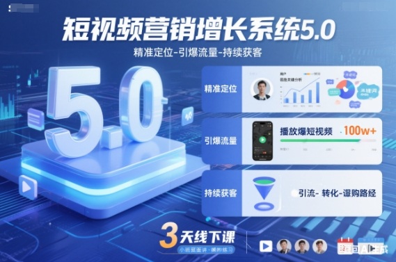 短视频营销增长系统5.0，精准定位-引爆流量-持续获客，3天线下课（音频+图片）网赚项目-副业赚钱-互联网创业-资源整合白嫖の网赚