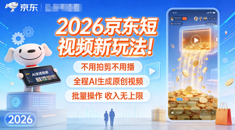 2026京东短视频新玩法！不用拍剪不用播，全程AI生成原创视频，批量操作收入无上限网赚项目-副业赚钱-互联网创业-资源整合白嫖の网赚