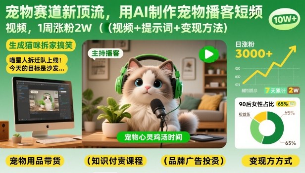 宠物赛道新顶流，用AI制作宠物播客短视频，1周涨粉2W（视频+提示词+变现方法）网赚项目-副业赚钱-互联网创业-资源整合白嫖の网赚