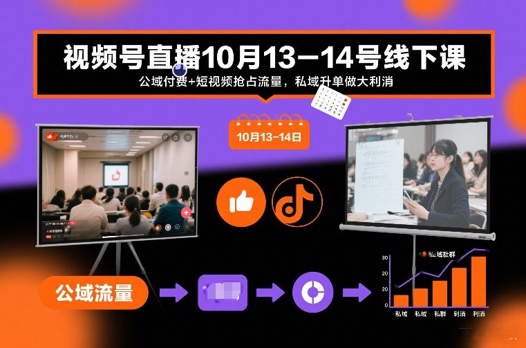 视频号直播10月13-14号线下课，公域付费+短视频抢占流量，私域升单做大利消网赚项目-副业赚钱-互联网创业-资源整合白嫖の网赚