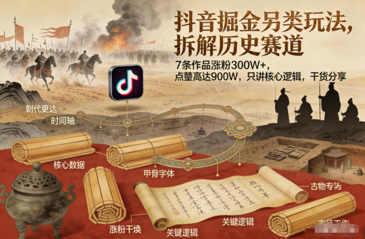 抖音掘金另类玩法，拆解历史赛道，7条作品涨粉300W+，点赞量高达900W，只讲核心逻辑，干货分享网赚项目-副业赚钱-互联网创业-资源整合白嫖の网赚