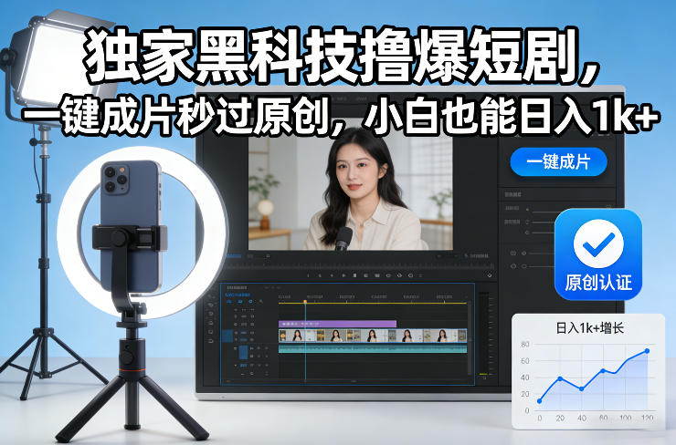 独家黑科技撸爆短剧，一键成片秒过原创，小白也能日入1k+【揭秘】网赚项目-副业赚钱-互联网创业-资源整合白嫖の网赚