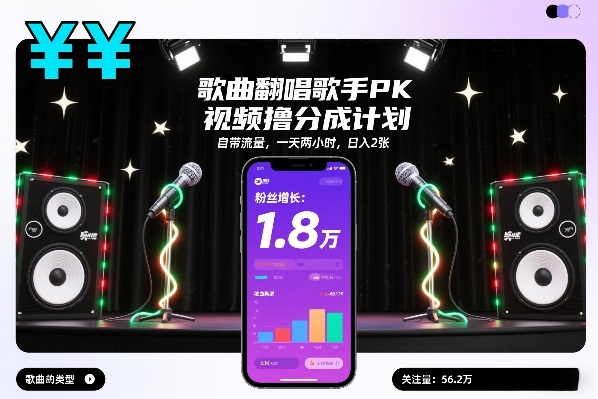 歌曲翻唱歌手PK视频撸分成计划，自带流量，一天两小时，日入2张网赚项目-副业赚钱-互联网创业-资源整合白嫖の网赚