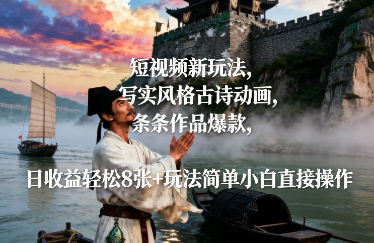 短视频新玩法，写实风格古诗动画，条条作品爆款，日收益轻松8张+玩法简单小白直接操作网赚项目-副业赚钱-互联网创业-资源整合白嫖の网赚