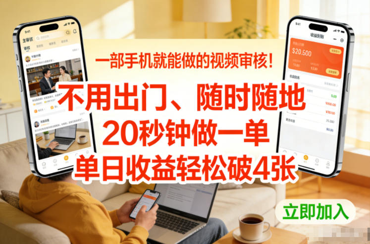一部手机就能做的视频审核！不用出门，随时随地，20秒钟做一单，单日收益轻松破4张【揭秘】网赚项目-副业赚钱-互联网创业-资源整合白嫖の网赚