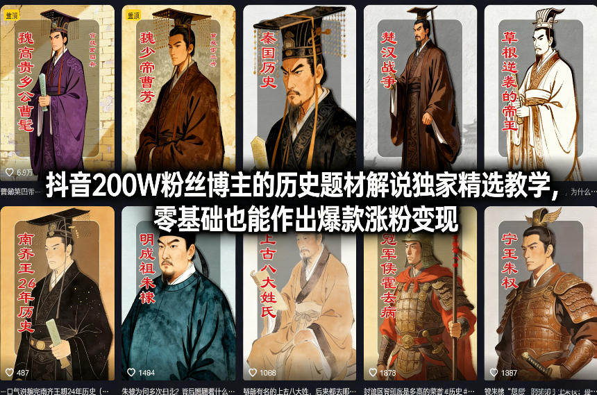 抖音200W粉丝博主的历史题材解说独家精选教学，零基础也能作出爆款涨粉变现网赚项目-副业赚钱-互联网创业-资源整合白嫖の网赚
