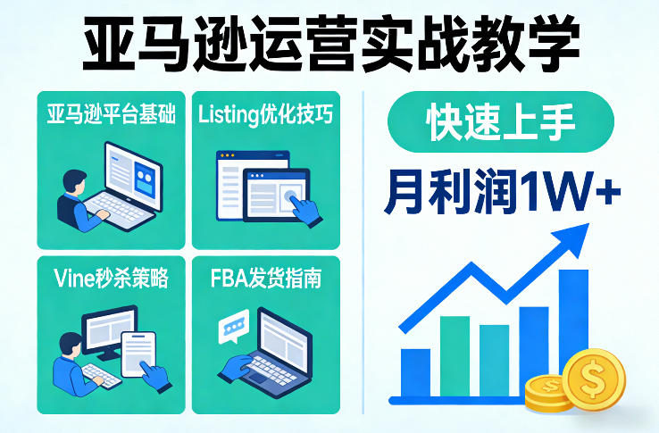 亚马逊运营实战教学，亚马逊平台+Listing优化+Vine秒杀+FBA发货等，快速上手，实现店铺月利润1W网赚项目-副业赚钱-互联网创业-资源整合白嫖の网赚