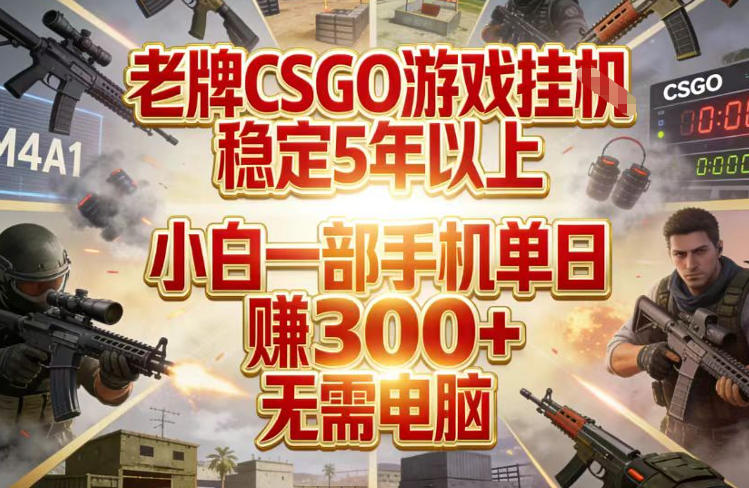 老牌CSGO游戏挂G，稳定5年以上，小白一部手机单日賺3张+，无需电脑【揭秘】网赚项目-副业赚钱-互联网创业-资源整合白嫖の网赚