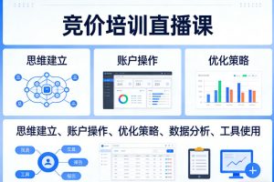 竞价培训直播课,覆盖思维建立、账户操作、优化策略、数据分析、工具使用等,全方位提升效果