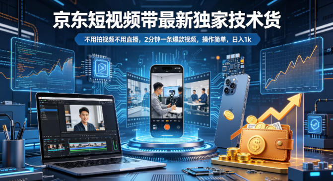 京东短视频带货最新独家技术，不用拍视频不用直播，2分钟一条爆款视频，操作简单，日入1k+【揭秘】