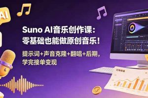 (18945期) Suno AI音乐创作课:零基础也能做原创音乐!提示词+声音克隆+翻唱+后期,学完接单变现