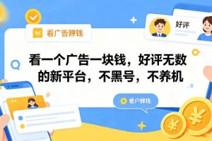 看一个广告一块钱,好评无数的新平台,不黑号,不养机【揭秘】