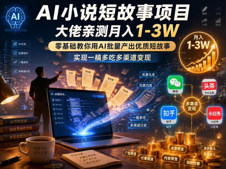 AI小说短故事项目，大佬亲测月入1-3W，零基础教你用AI批量产出优质短故事，实现一稿多吃多渠道变现（更新0710）