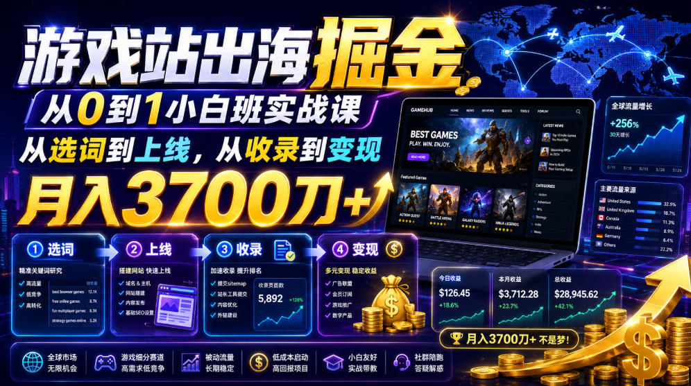 游戏站出海掘金从0到1小白实战课，从选词到上线，从收录到变现，月入3700刀+