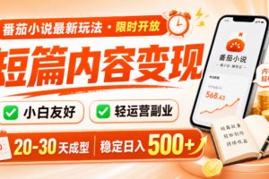 番茄小说最新短篇玩法,稳定日入500+!副业必看,小白可玩,限时开放【揭秘】