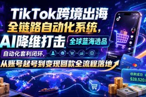 TikTok跨境出海全链路自动化系统，AI降维打击全球蓝海选品自动化套利闭环，从账号起号到变现回款全流程落地（2026年7月）