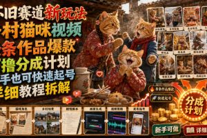 怀旧赛道新玩法，乡村猫咪视频，条条作品爆款，可撸分成计划，新手也可快速起号，详细教程拆解