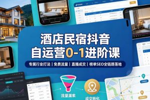 酒店民宿抖音自运营0-1进阶课|专属行业打法、免费流量+直播成交+榜单SEO全链路落地