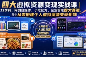 四大虚拟资源变现实战课|K12学科、网创自媒体、小吃配方、企业管理四大赛道,带你从零搭建个人虚拟资源变现矩阵