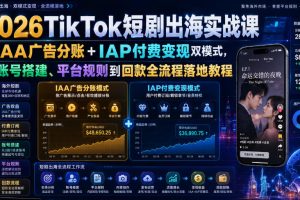2026TikTok短剧出海实战课|IAA广告分账+IAP付费变现双模式,从账号搭建、平台规则到回款全流程落地教程