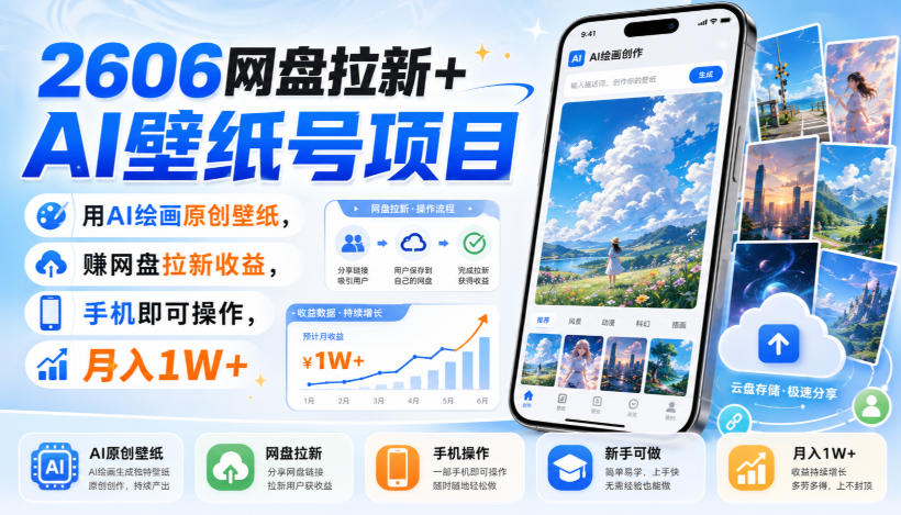 2606网盘拉新+AI壁纸号项目,用AI绘画原创壁纸,賺网盘拉新收益,手机即可操作,月入1W+